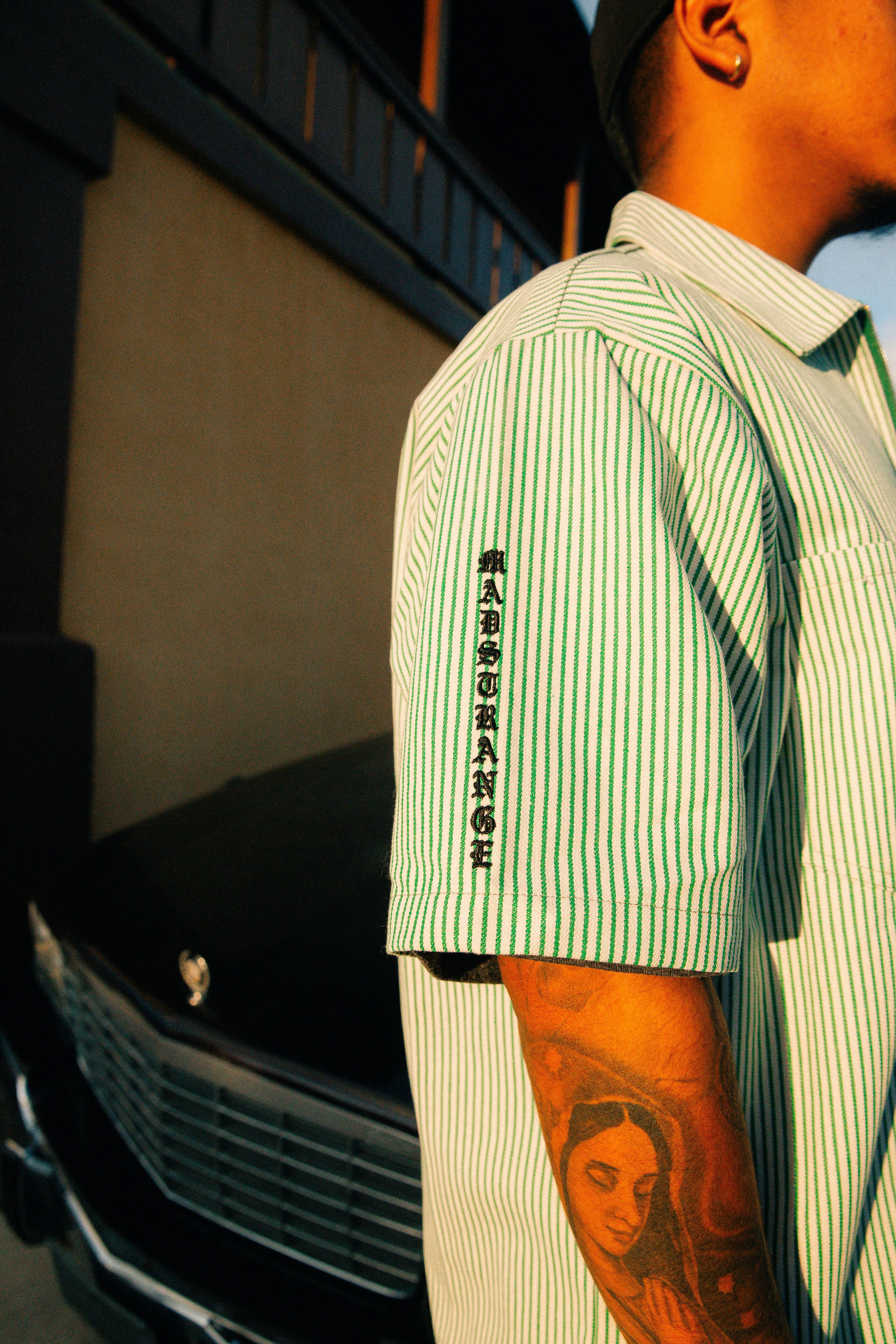 Striped Short Sleeve Work Shirt (Green & White)