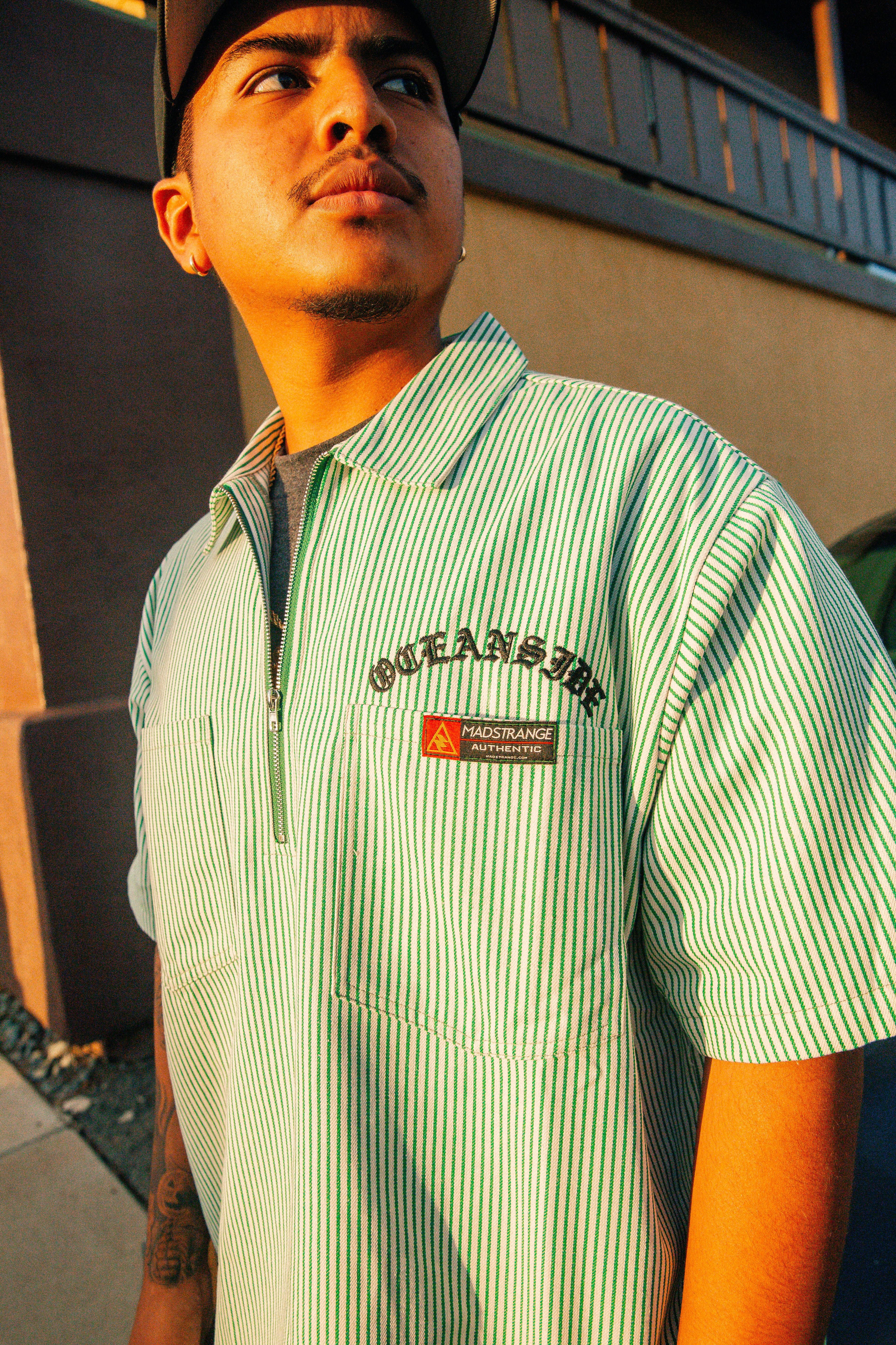 Striped Short Sleeve Work Shirt (Green & White)