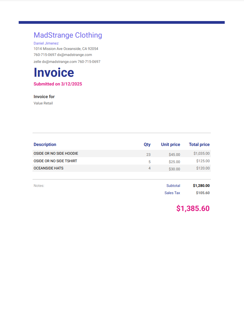 Invoice for Value Retail – MadStrange