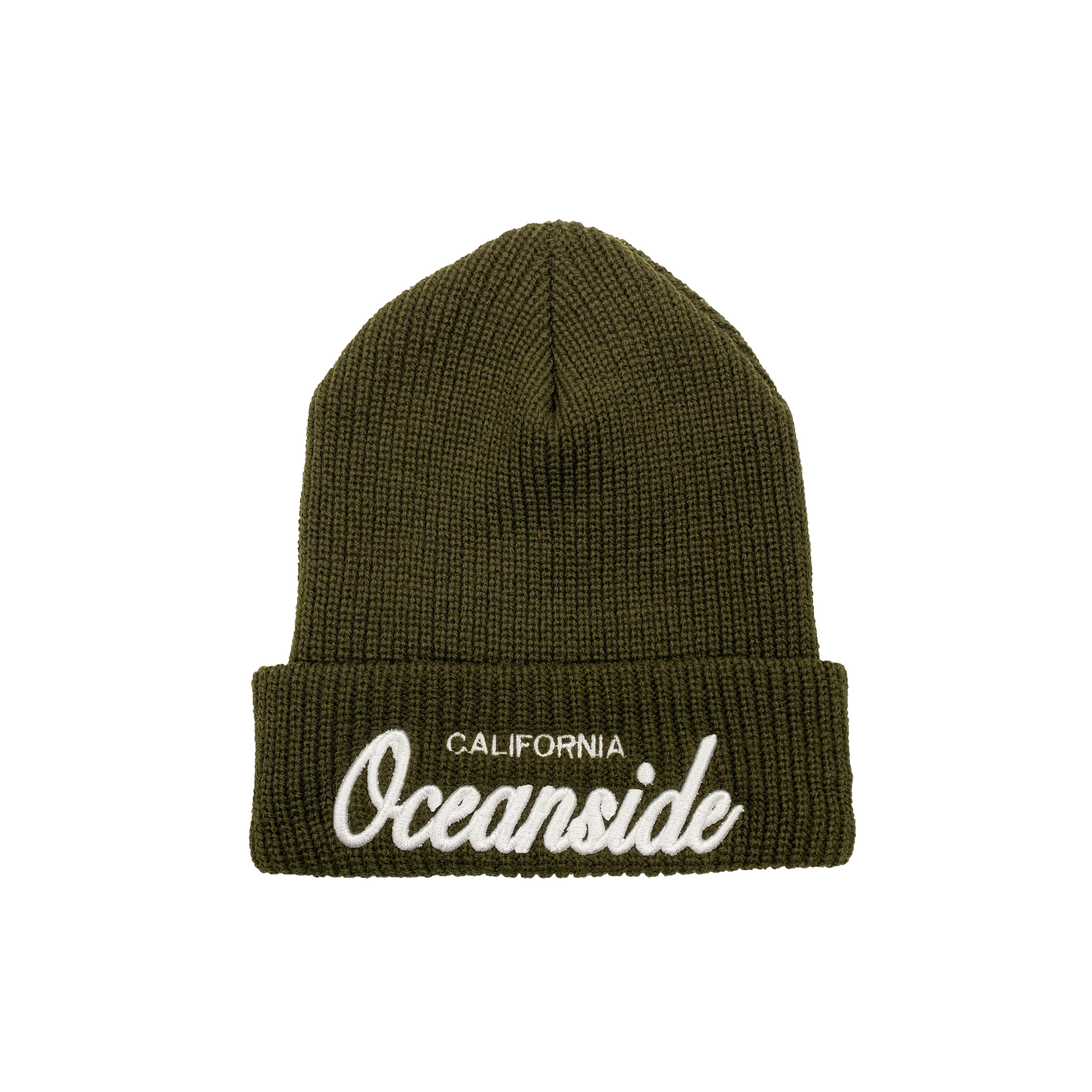 Oceanside Cursive Knitted Beanie (Olive)