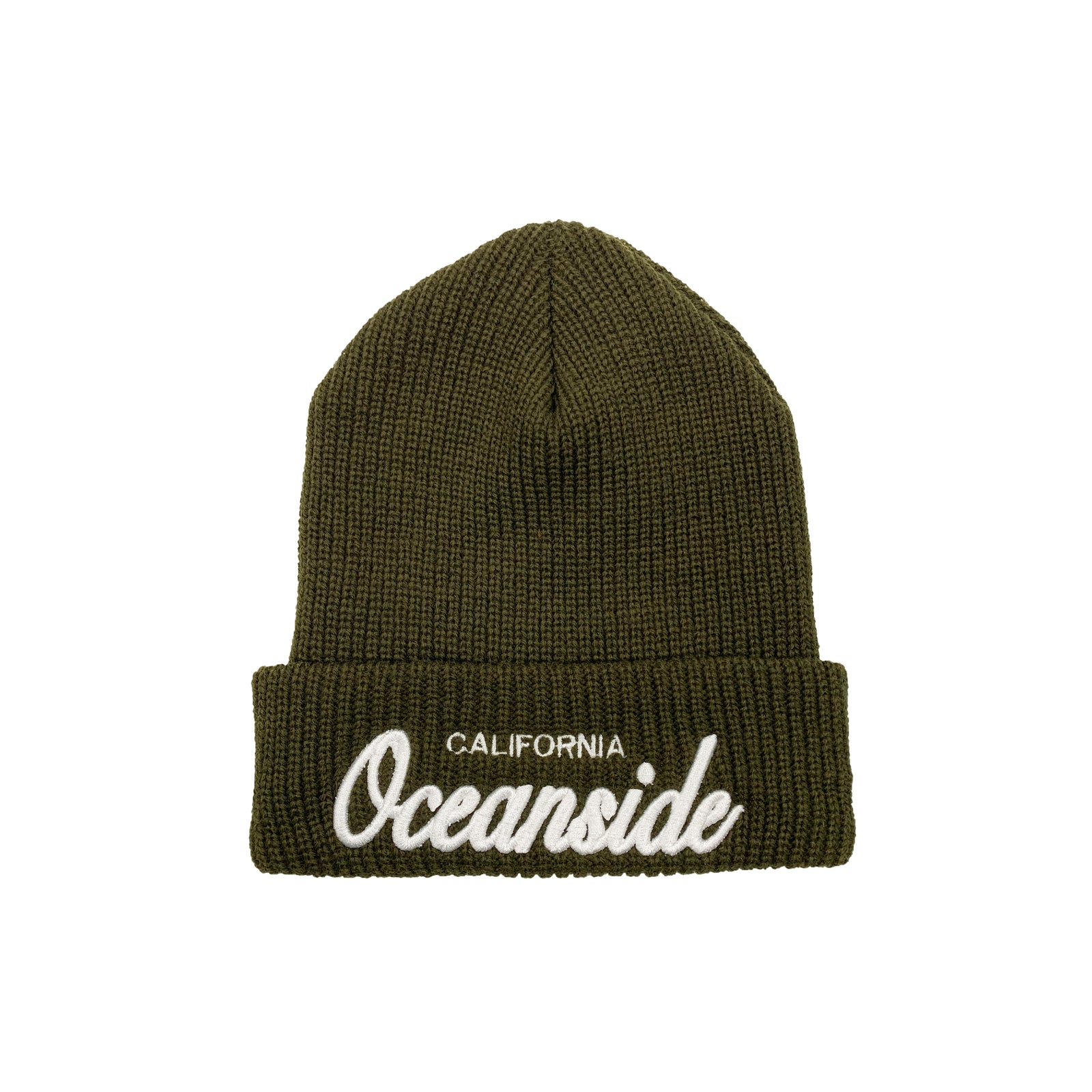 Oceanside Cursive Knitted Beanie (Olive)